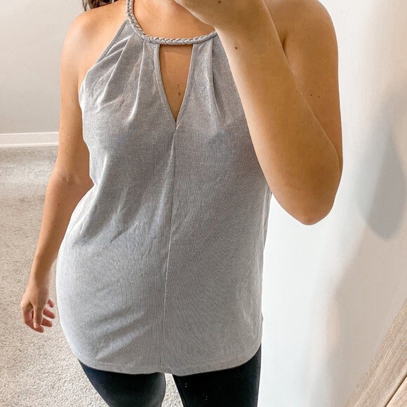 Pixley Tank Top Georgio Braided Blue Gray Stripe Halter Stretch Cut Out Small - Picture 1 of 11